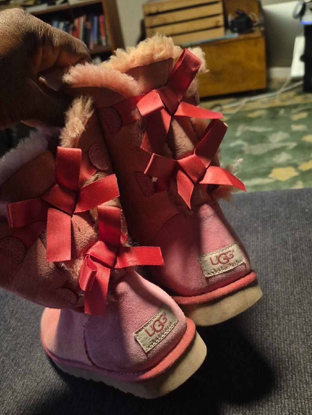 UGG Pink Suede Shearling Boot with Back Bows - Picture 2 of 7